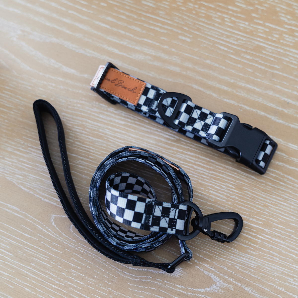 Local Beach Checker Adjustable Dog Collar Black