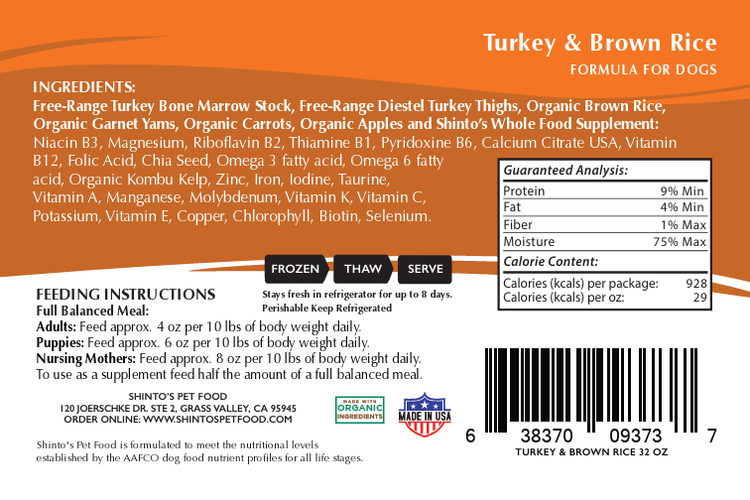 Shinto’s Turkey & Brown Rice Foundation Formula fresh dog food