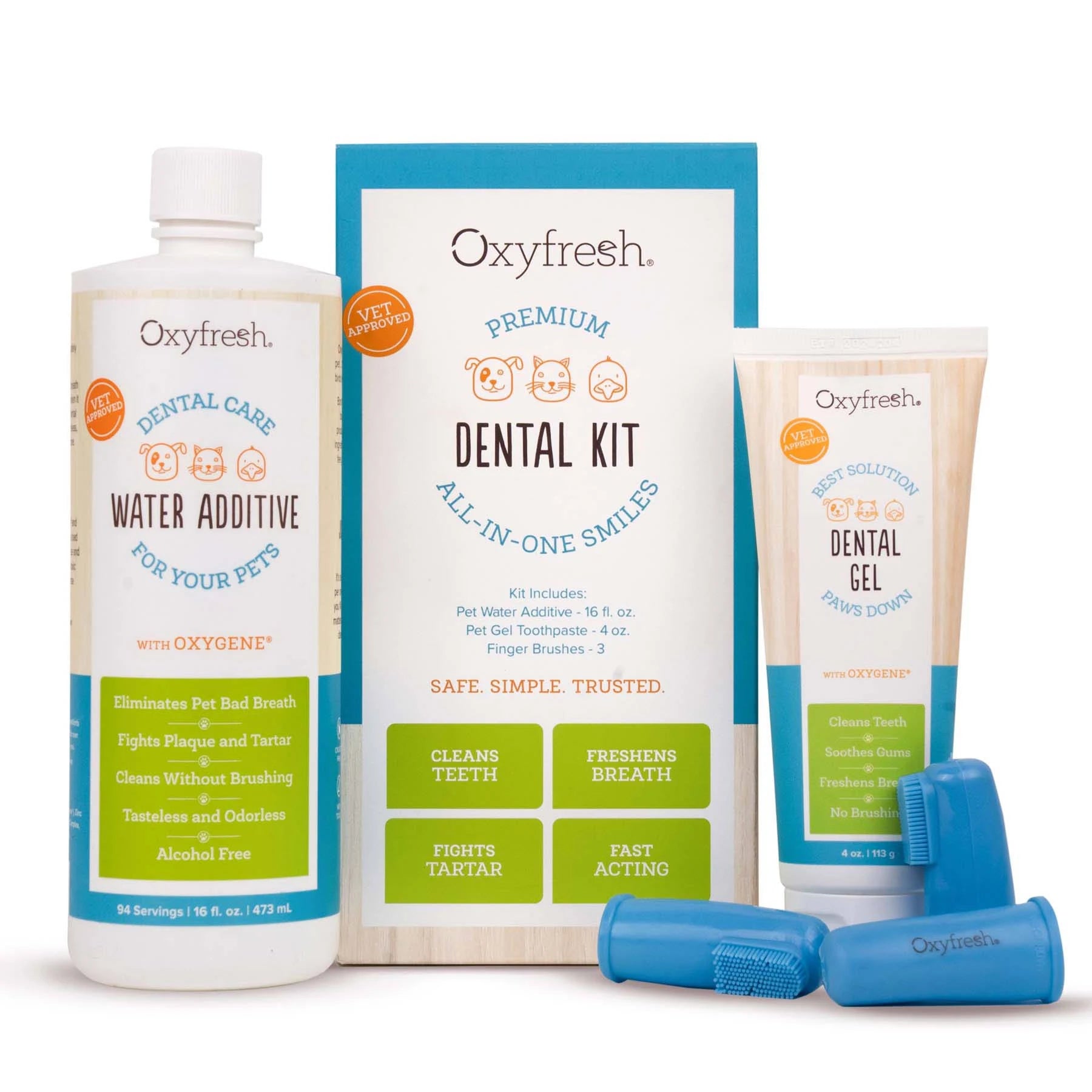 Oxyfresh Premium Dental Kit – Water Additive, Dental Gel & Finger Brushes for Pets