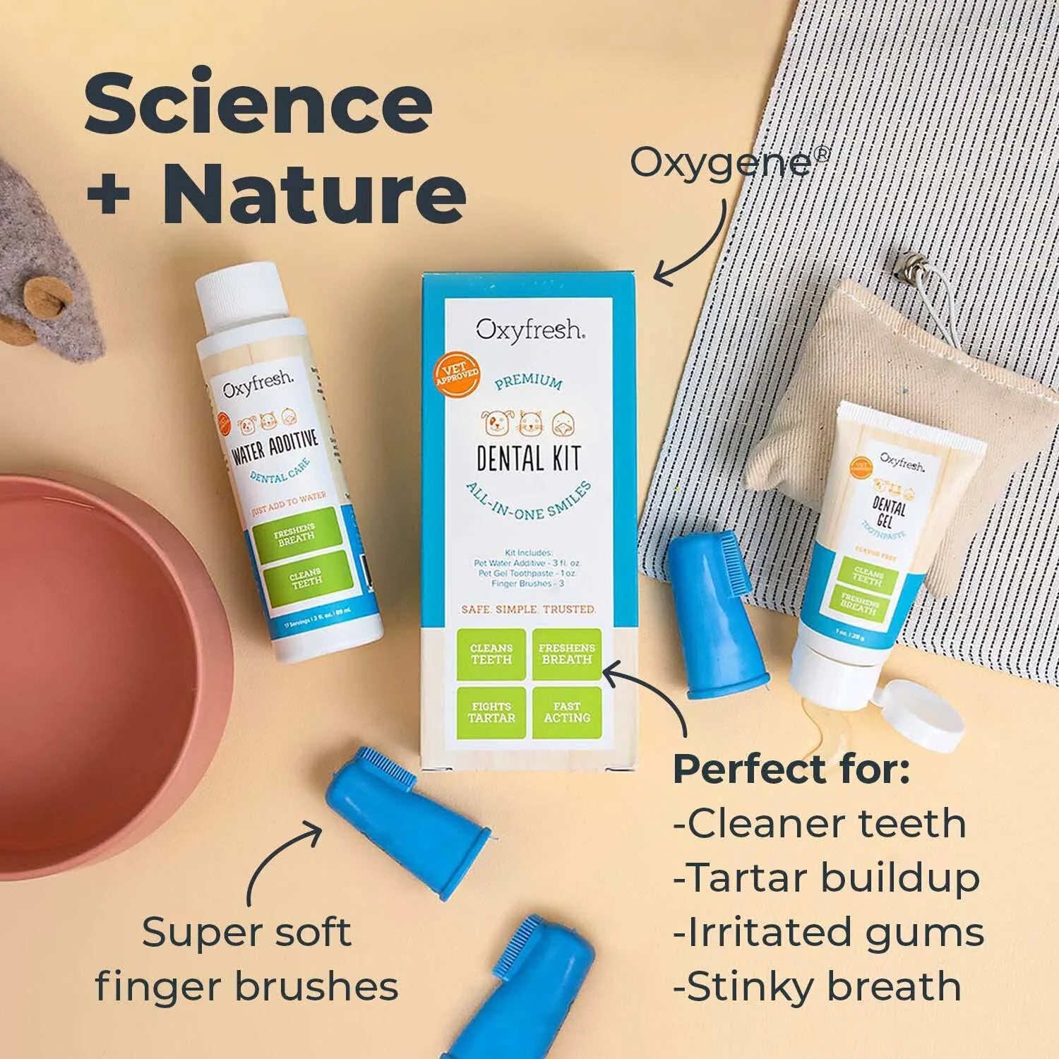 Oxyfresh Premium Dental Kit – Water Additive, Dental Gel & Finger Brushes for Pets