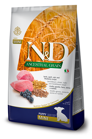 Farmina N&D Ancestral Grain Lamb, Spelt, Oats & Blueberry Mini Puppy Food – 5.5 lb