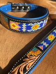 Tooled Leather Beaded Sunflower Painted Western Dog Collar