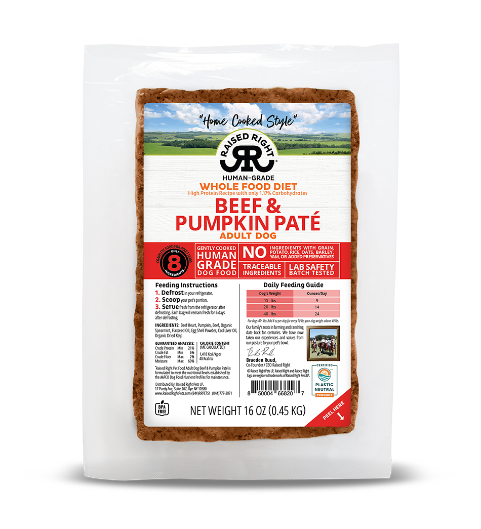 Raised Right- Wholefood Diet -Beef & Pumpkin Pate Recipe for Adult Dogs- Human Grade