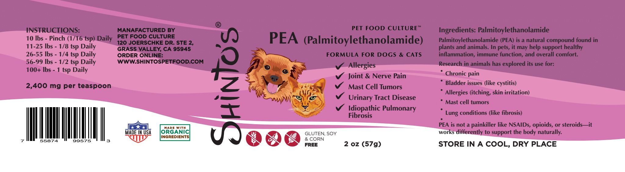 Shinto's PEA (Palmitoylethanolamide) - Natural Supplement for Dogs & Cats - 2 oz