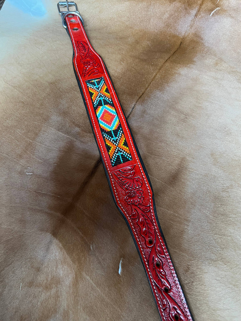 Oxblood Red Leather Tooled Beaded Dog Collar