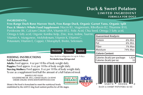 Shinto’s Duck & Sweet Potato Renewal Formula fresh dog food product photo