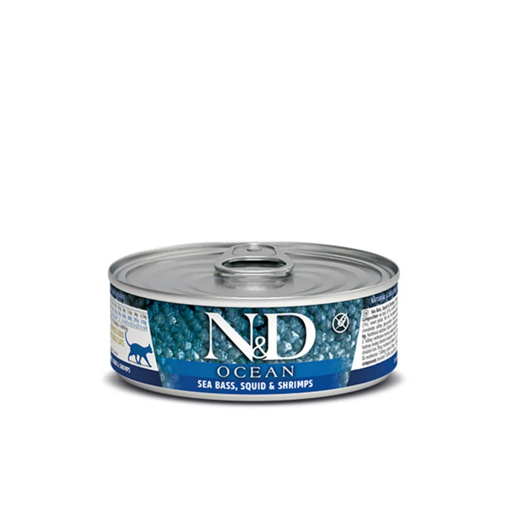 Farmina N&D Ocean – Sea Bass, Squid & Shrimp Stew Wet Cat Food - 2.5 oz Can