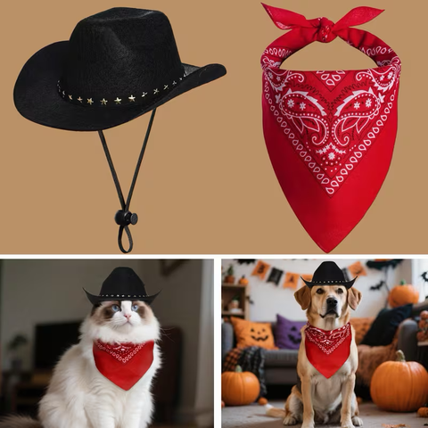 Cowboy Pet Costume Set – Black Hat & Red Bandana