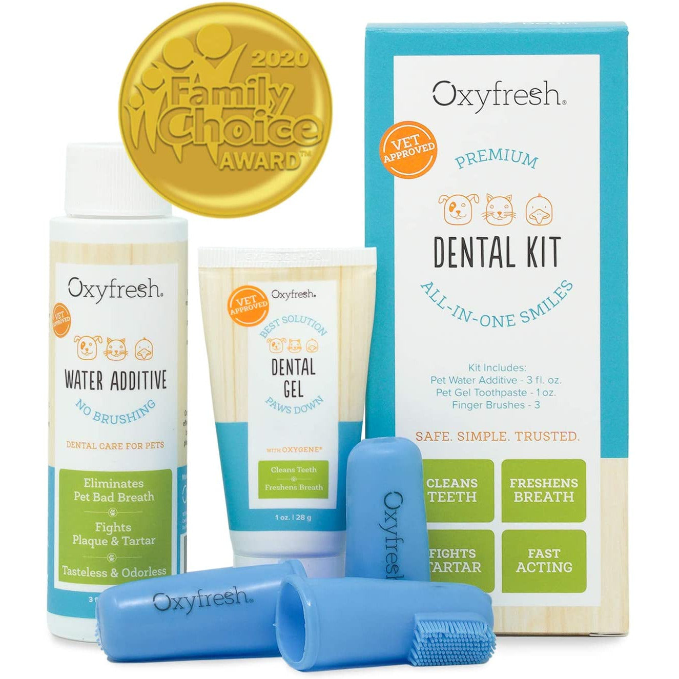 Oxyfresh Premium Dental Kit – Water Additive, Dental Gel & Finger Brushes for Pets